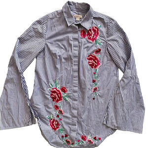 Merona Cotton  Blue & White Striped Button Down Shirt Roses Size XS